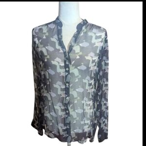 Casual Studio Gray/Black Sheer Button-Up Blouse with Abstract Pattern NWT Sz S